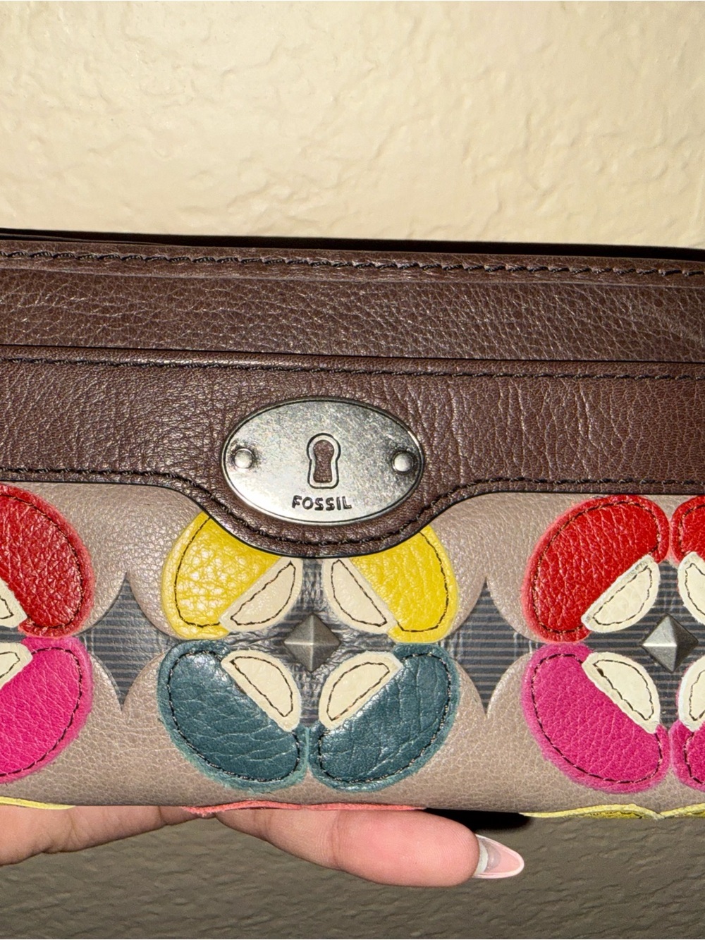 Fossil Brown Leather Zip Card Holder with Multicolor Floral Accents - Picture 5 of 7